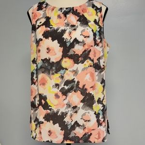 Loft sleeveless top, floral, peach/black/gray/yellow, size Small